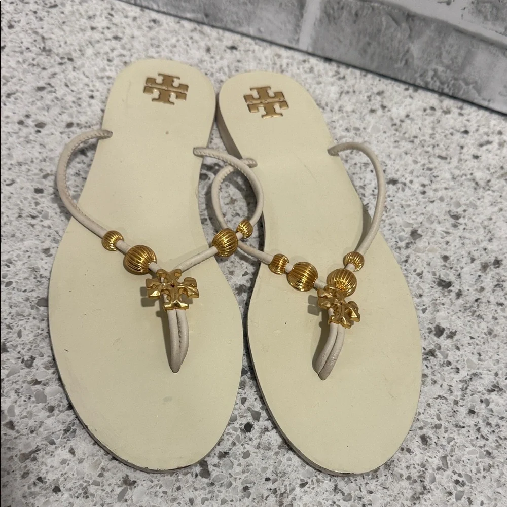 Tory Burch Cream and Gold Beaded Leather Sole Sandals - Picture 2 of 6